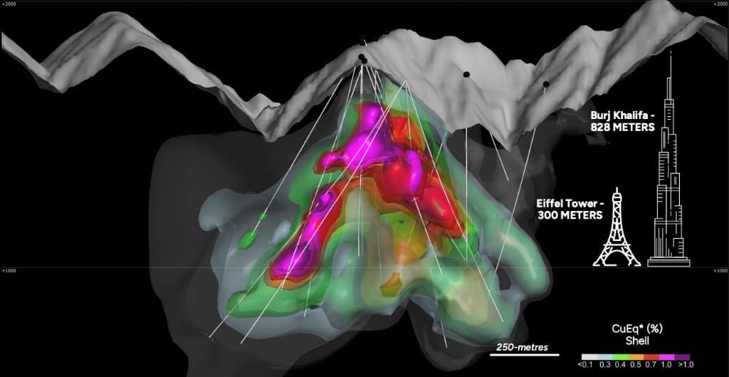 3D visualization of Mocoa deposit with drilling locations and Burj Khalifa scale reference